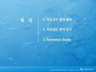 2
목 차 1. 악성코드 분석 절차
2. 악성코드 분석 도구
3. Reference Books
 