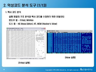 8
2. 악성코드 분석 도구 (1/13)
1. 헥사 코드 분석
실행 파일의 구조 분석과 헥사 코드를 수정하기 위한 유틸리티
윈도우 용 – Frhed, WinHex
도스 용 – HE (Hexa Editor), HT, HIEW (Hacker’s View)
[FrHed 실행]
[Hiew 실행]
 