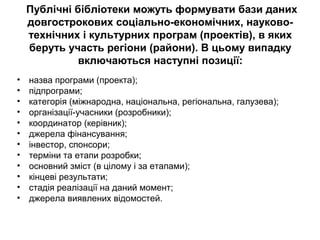 Публічні бібліотеки можуть формувати бази даних
довгострокових соціально-економічних, науково-
технічних і культурних програм (проектів), в яких
беруть участь регіони (райони). В цьому випадку
включаються наступні позиції:
• назва програми (проекта);
• підпрограми;
• категорія (міжнародна, національна, регіональна, галузева);
• організації-учасники (розробники);
• координатор (керівник);
• джерела фінансування;
• інвестор, спонсори;
• терміни та етапи розробки;
• основний зміст (в цілому і за етапами);
• кінцеві результати;
• стадія реалізації на даний момент;
• джерела виявлених відомостей.
 