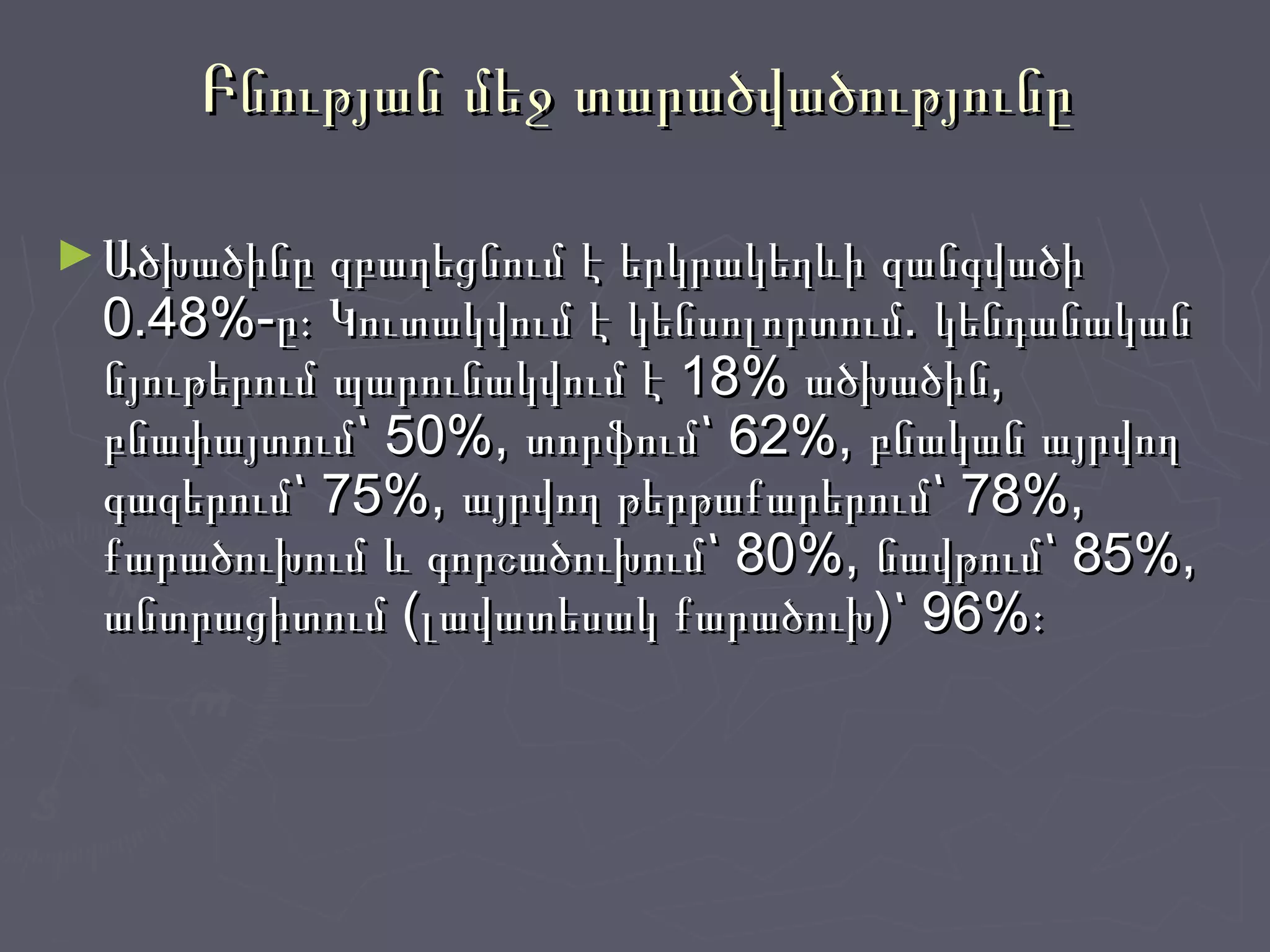 Բնության մեջ տարածվածությունըԲնության մեջ տարածվածությունը
► Ածխածինը զբաղեցնում է երկրակեղևի զանգվածիԱծխածինը զբաղեցնում է երկրակեղևի զանգվածի
0.48%-ը։ Կուտակվում է կենսոլորտում. կենդանական0.48%-ը։ Կուտակվում է կենսոլորտում. կենդանական
նյութերում պարունակվում է 18% ածխածին,նյութերում պարունակվում է 18% ածխածին,
բնափայտում՝ 50%, տորֆում՝ 62%, բնական այրվողբնափայտում՝ 50%, տորֆում՝ 62%, բնական այրվող
գազերում՝ 75%, այրվող թերթաքարերում՝ 78%,գազերում՝ 75%, այրվող թերթաքարերում՝ 78%,
քարածուխում և գորշածուխում՝ 80%, նավթում՝ 85%,քարածուխում և գորշածուխում՝ 80%, նավթում՝ 85%,
անտրացիտում (լավատեսակ քարածուխ)՝ 96%։անտրացիտում (լավատեսակ քարածուխ)՝ 96%։
 