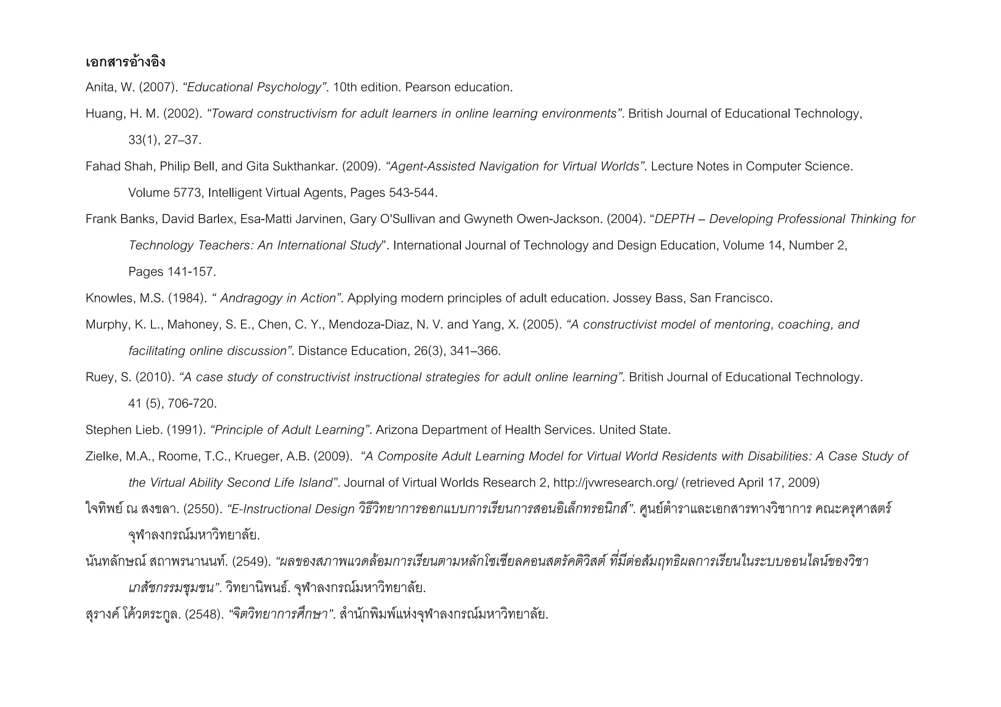 F
Anita, W. (2007). Educational Psychology . 10th edition. Pearson education.
Huang, H. M. (2002). Toward constructivism for adult learners in online learning environments . British Journal of Educational Technology,
33(1), 27 37.
Fahad Shah, Philip Bell, and Gita Sukthankar. (2009). Agent-Assisted Navigation for Virtual Worlds . Lecture Notes in Computer Science.
Volume 5773, Intelligent Virtual Agents, Pages 543-544.
Frank Banks, David Barlex, Esa-Matti Jarvinen, Gary O'Sullivan and Gwyneth Owen-Jackson. (2004). DEPTH Developing Professional Thinking for
Technology Teachers: An International Study . International Journal of Technology and Design Education, Volume 14, Number 2,
Pages 141-157.
Knowles, M.S. (1984). Andragogy in Action . Applying modern principles of adult education. Jossey Bass, San Francisco.
Murphy, K. L., Mahoney, S. E., Chen, C. Y., Mendoza-Diaz, N. V. and Yang, X. (2005). A constructivist model of mentoring, coaching, and
facilitating online discussion . Distance Education, 26(3), 341 366.
Ruey, S. (2010). A case study of constructivist instructional strategies for adult online learning . British Journal of Educational Technology.
41 (5), 706-720.
Stephen Lieb. (1991). Principle of Adult Learning . Arizona Department of Health Services. United State.
Zielke, M.A., Roome, T.C., Krueger, A.B. (2009). A Composite Adult Learning Model for Virtual World Residents with Disabilities: A Case Study of
the Virtual Ability Second Life Island . Journal of Virtual Worlds Research 2, http://jvwresearch.org/ (retrieved April 17, 2009)
F . (2550). E-Instructional Design F . F F
F .
F F. (2549). F F F F
. F. F .
F F . (2548). . F F F .
 
