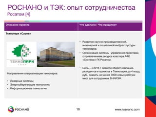 www.rusnano.com
РОСНАНО и ТЭК: опыт сотрудничества
Росатом [4]
19
Описание проекта Что сделано / Что предстоит
Технопарк «Саров»
• Развитие научно-производственной,
инженерной и социальной инфраструктуры
технопарка;
• Организация системы управления проектами,
с привлечением ресурса кластера АФК
«Система»-ГК Росатом;
• Цель – к 2016 г. довести оборот компаний-
резидентов и проектов в Технопарке до 4 млрд.
руб., создать не менее 3000 новых рабочих
мест для сотрудников ВНИИЭФ.
Направления специализации технопарка:
• Лазерные системы;
• Энергосберегающие технологии;
• Информационные технологии
 