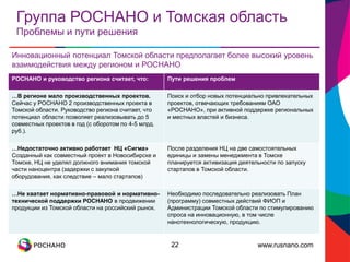 www.rusnano.com
Группа РОСНАНО и Томская область
Проблемы и пути решения
22
РОСНАНО и руководство региона считает, что: Пути решения проблем
…В регионе мало производственных проектов.
Сейчас у РОСНАНО 2 производственных проекта в
Томской области. Руководство региона считает, что
потенциал области позволяет реализовывать до 5
совместных проектов в год (с оборотом по 4-5 млрд.
руб.).
Поиск и отбор новых потенциально привлекательных
проектов, отвечающих требованиям ОАО
«РОСНАНО», при активной поддержке региональных
и местных властей и бизнеса.
…Недостаточно активно работает НЦ «Сигма»
Созданный как совместный проект в Новосибирске и
Томске, НЦ не уделял должного внимания томской
части наноцентра (задержки с закупкой
оборудования, как следствие – мало стартапов)
После разделения НЦ на две самостоятельных
единицы и замены менеджмента в Томске
планируется активизация деятельности по запуску
стартапов в Томской области.
…Не хватает нормативно-правовой и нормативно-
технической поддержки РОСНАНО в продвижении
продукции из Томской области на российский рынок.
Необходимо последовательно реализовать План
(программу) совместных действий ФИОП и
Администрации Томской области по стимулированию
спроса на инновационную, в том числе
нанотехнологическую, продукцию.
Инновационный потенциал Томской области предполагает более высокий уровень
взаимодействия между регионом и РОСНАНО
 