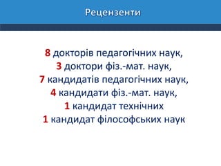 8 докторів педагогічних наук,
3 доктори фіз.-мат. наук,
7 кандидатів педагогічних наук,
4 кандидати фіз.-мат. наук,
1 кандидат технічних
1 кандидат філософських наук
 