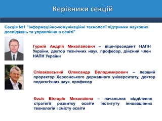 Секція №1 "Інформаційно-комунікаційні технології підтримки наукових
досліджень та управління в освіті"
Гуржій Андрій Миколайович – віце-президент НАПН
України, доктор технічних наук, професор, дійсний член
НАПН України
Співаковський Олександр Володимирович – перший
проректор Херсонського державного університету, доктор
педагогічних наук, професор
Косік Вікторія Миколаївна – начальник відділення
стратегії розвитку освіти Інституту інноваційних
технологій і змісту освіти
 