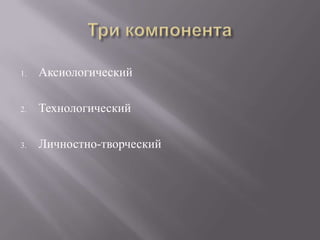 1. Аксиологический
2. Технологический
3. Личностно-творческий
 
