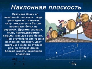 Вкатывая бочки по
наклонной плоскости, люди
прикладывают меньшую
силу, нежели если бы они
поднимали бочки на
веревках. Другими словами,
силы, прикладываемые
людьми, меньше веса бочек.
При отсутствии сил трения
наклонная плоскость дает
выигрыш в силе во столько
раз, во сколько длина
больше высоты наклонной
плоскости
Наклонная плоскость
h
L
F
mg
=
h
L
mg
F
 