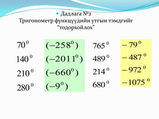  Дадлага №2
Тригонометр функцүүдийн утгын тэмдгийг
“тодорхойлох”
0
0
0
0
280
210
140
70
)9(
)660(
)2011(
)258(
0
0
0
0




0
0
0
0
680
214
489
765
0
0
0
0
1075
972
487
79




 