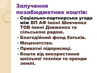Залучення
позабюджетних коштів:
 Соціально-партнерська угода
між ВП АФ імені Шевченка
ТОВ імені Довженка та
сільською радою.
 Благодійний фонд батьків.
 Меценатство.
 Приватні підприємці.
 Кошти від використання
шкільної техніки та оренди
землі.
 