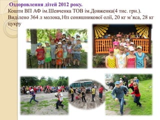Оздоровлення дітей 2012 року.
Кошти ВП АФ ім.Шевченка ТОВ ім.Довженка(4 тис. грн.).
Виділено 364 л молока,10л соняшникової олії, 20 кг м’яса, 28 кг
цукру
 