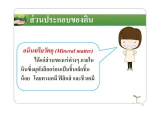 ส่วนประกอบของึϸน
อนินทรียวัตถุ (Mineral matter)
ได้แก่ส่วนของแร่ต่างๆ ภายในได้แก่ส่วนของแร่ต่างๆ ภายใน
หินซึ)งผุพังสึกกร่อนเป็นชิ8นเล็กชิ8น
น้อย โดยทางเคมี ฟิสิกส์ และชีวเคมี
11
 