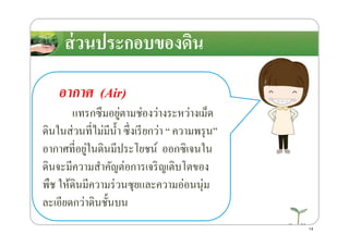 ส่วนประกอบของึϸน
อากาศ (Air)
แทรกซึมอยู่ตามช่องว่างระหว่างเม็ด
ึϸนในส่วนที4ไม่มีนํ*า ซึ4งเรียกว่า “ ความพรุน”ึϸนในส่วนที4ไม่มีนํ*า ซึ4งเรียกว่า “ ความพรุน”
อากาศที4อยู่ในึϸนมีประโยชน์ ออกซิเจนใน
ึϸนจะมีความสําคัญต่อการเจริญเติบโตของ
พืช ให้ึϸนมีความร่วนซุยและความอ่อนนุ่ม
ละเอียดกว่าึϸนชั*นบน
14
 