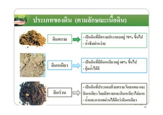 ประเภทของึϸน (ตามลักษณะเนื8อึϸน)ประเภทของึϸน (ตามลักษณะเนื8อึϸน)
ึϸนทราย - เป็นึϸนที)มีทรายประกอบอยู่ 70% ขึ8นไป
- นํ8าซึมผ่านง่าย
ึϸนเหนียว
ึϸนร่วน
- เป็นึϸนที)มีึϸนเหนียวอยู่ 40% ขึ8นไป
- อุ้มนํ8าได้ดี
- เป็นึϸนที)ประกอบด้วยทราย โคลนตม และ
ึϸนเหนียว โดยมีทรายและึϸนเหนียวไม่มาก
- นํ8าและอากาศผ่านได้ดีกว่าึϸนเหนียว
20
 