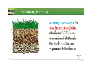 ความพรุน (Porosity) คือ
ช่องว่างระหว่างเม็ดึϸน
เป็นที)สําหรับให้นํ8าและ
ความพรุน (Porosity)
เป็นที)สําหรับให้นํ8าและ
อากาศผ่านเข้าไปในเนื8อ
ึϸน ึϸนชั8นบนมีความ
พรุนมากกว่าึϸนชั8นล่าง
26
 