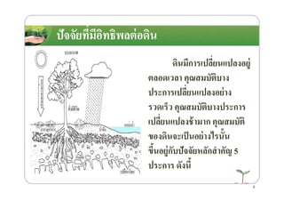ปัจจัยที)มีอิทธิพลต่อึϸนปัจจัยที)มีอิทธิพลต่อึϸน
ึϸนมีการเปลี)ยนแปลงอยู่
ตลอดเวลา คุณสมบัติบาง
ประการเปลี)ยนแปลงอย่าง
รวดเร็ว คุณสมบัติบางประการ
ประการเปลี)ยนแปลงอย่าง
รวดเร็ว คุณสมบัติบางประการ
เปลี)ยนแปลงช้ามาก คุณสมบัติ
ของึϸนจะเป็นอย่างไรนั8น
ขึ8นอยู่กับปัจจัยหลักสําคัญ 5
ประการ ดังนี8
8
 