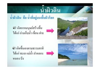 นํ,าผิวึϸน
นํ,าผิวึϸน คือ นํ,าที)อยู่บนพื,นผิวโลก
เกิดจากมนุษย์สร้างขึน
ได้แก่ อ่างเก็บนํา เขื&อน ฝายได้แก่ อ่างเก็บนํา เขื&อน ฝาย
เกิดขึนเองตามธรรมชาติ
ได้แก่ ทะเล แม่นํา ลําคลอง
หนอง บึง
 