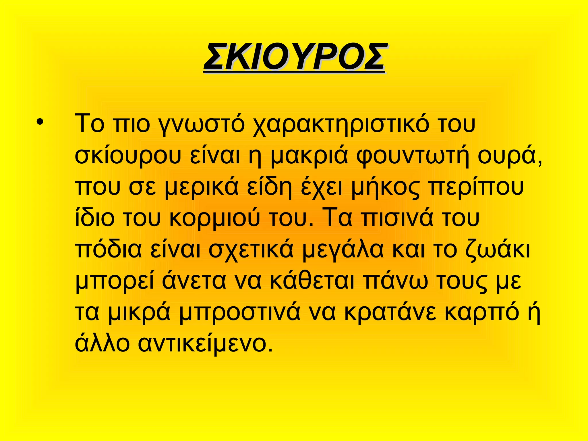ΣΚΙΟΥΡΟΣΣΚΙΟΥΡΟΣ
• Το πιο γνωστό χαρακτηριστικό του
σκίουρου είναι η μακριά φουντωτή ουρά,
που σε μερικά είδη έχει μήκος περίπου
ίδιο του κορμιού του. Τα πισινά του
πόδια είναι σχετικά μεγάλα και το ζωάκι
μπορεί άνετα να κάθεται πάνω τους με
τα μικρά μπροστινά να κρατάνε καρπό ή
άλλο αντικείμενο.
 