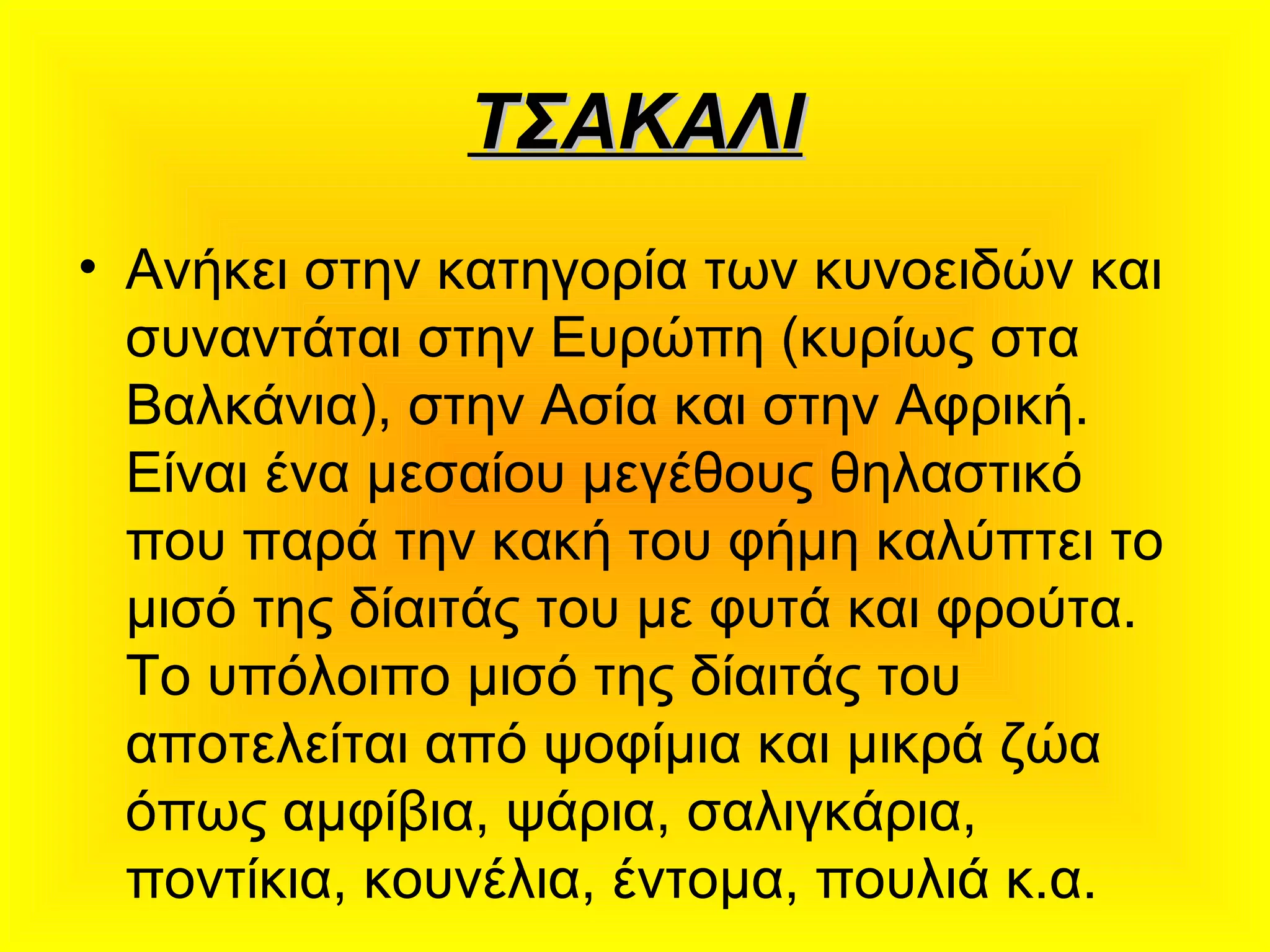 ΤΣΑΚΑΛΙΤΣΑΚΑΛΙ
• Ανήκει στην κατηγορία των κυνοειδών και
συναντάται στην Ευρώπη (κυρίως στα
Βαλκάνια), στην Ασία και στην Αφρική.
Είναι ένα μεσαίου μεγέθους θηλαστικό
που παρά την κακή του φήμη καλύπτει το
μισό της δίαιτάς του με φυτά και φρούτα.
Το υπόλοιπο μισό της δίαιτάς του
αποτελείται από ψοφίμια και μικρά ζώα
όπως αμφίβια, ψάρια, σαλιγκάρια,
ποντίκια, κουνέλια, έντομα, πουλιά κ.α.
 