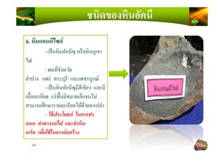 ชนิดของหินอัคนี
6. หินแอนดีไซด์
- เป็นหินอัคนีพุ หรือหินภูเขา
ไฟ
- พบทีจังหวัด
ลําปาง แพร่ สระบุรี และเพชรบูรณ์
14
ลําปาง แพร่ สระบุรี และเพชรบูรณ์
- เป็นหินอัคนีพุมีสีเขียว และมี
เนื)อละเอียด แร่พื)นมีขนาดเล็กจนไม่
สามารถศึกษารายละเอียดได้ด้วยตาเปล่า
- ใช้ประโยชน์ ในการทํา
ถนน ทําทางรถไฟ และทําหิน
เกร็ด เพื=อใช้ในการก่อสร้าง
 