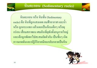 หินตะกอน (Sedimentary rocks)
หินตะกอน หรือ หินชั)น (Sedimentary
rocks) คือ หินทีถูกแสงแดด ลมฟ้าอากาศ และนํ)า
หรือ ถูกกระแทก แล้วแตกเป็นก้อนเล็กๆ หรือผุ
กร่อน เสือมสภาพลง เศษหินทีผุพังทั)งอนุภาคใหญ่
18
ความกดดันและปฏิกิริยาเคมีจนกลับกลายเป็นหิน
กร่อน เสือมสภาพลง เศษหินทีผุพังทั)งอนุภาคใหญ่
และเล็กถูกพัดพาไปสะสมอัดตัวกัน เป็นชั)นๆ เกิด
ความกดดันและปฏิกิริยาเคมีจนกลับกลายเป็นหิน
 