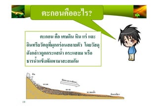 ตะกอนคืออะไร?
ตะกอน คือ เศษดิน หิน แร่ และ
อินทรียวัตถุที)ผุกกร่อนสลายตัว โดยวัสดุ
ดังกล่าวถูกกระแสนํ4า กระแสลม หรือ
19
ดังกล่าวถูกกระแสนํ4า กระแสลม หรือ
ธารนํ4าแข็งพัดพามาสะสมกัน
 