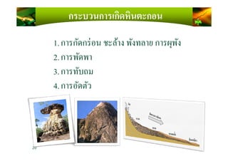 กระบวนการเกิดหินตะกอน
1.การกัดกร่อน ชะล้าง พังทลาย การผุพัง
2.การพัดพา
3.การทับถม
4.การอัดตัว
20
4.การอัดตัว
 