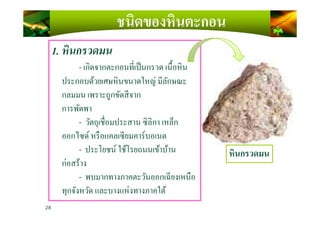 ชนิดของหินตะกอน
1. หินกรวดมน
- เกิดจากตะกอนทีเป็นกรวด เนื)อหิน
ประกอบด้วยเศษหินขนาดใหญ่ มีลักษณะ
กลมมน เพราะถูกขัดสีจาก
การพัดพา
28
การพัดพา
- วัตถุเชือมประสาน ซิลิกา เหล็ก
ออกไซด์ หรือแคลเซียมคาร์บอเนต
- ประโยชน์ ใช้โรยถนนเข้าบ้าน
ก่อสร้าง
- พบมากทางภาคตะวันออกเฉียงเหนือ
ทุกจังหวัด และบางแห่งทางภาคใต้
หินกรวดมน
 