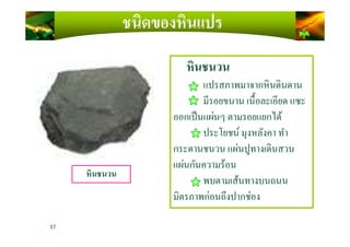 หินชนวน
แปรสภาพมาจากหินดินดาน
มีรอยขนาน เนื)อละเอียด แซะ
ออกเป็นแผ่นๆ ตามรอยแยกได้
ชนิดของหินแปร
ออกเป็นแผ่นๆ ตามรอยแยกได้
ประโยชน์ มุงหลังคา ทํา
กระดานชนวน แผ่นปูทางเดินสวน
แผ่นกันความร้อน
พบตามเส้นทางบนถนน
มิตรภาพก่อนถึงปากช่อง
37
หินชนวน
 