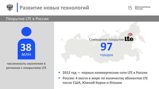 Покрытие LTE в России
 2012 год — первые коммерческие сети LTE в России
 Россия: 4 место в мире по количеству абонентов LTE
после США, Южной Кореи и Японии
Суммарное покрытие
97городов
Развитие новых технологий
численность населения в
регионах с покрытием LTE
38млн
15
 