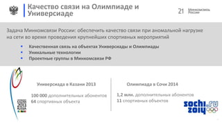 Качество связи на Олимпиаде и
Универсиаде
Задача Минкомсвязи России: обеспечить качество связи при аномальной нагрузке
на сети во время проведения крупнейших спортивных мероприятий
 Качественная связь на объектах Универсиады и Олимпиады
 Уникальные технологии
 Проектные группы в Минкомсвязи РФ
Олимпиада в Сочи 2014Универсиада в Казани 2013
100 000 дополнительных абонентов
64 спортивных объекта
1,2 млн. дополнительных абонентов
11 спортивных объектов
21
 