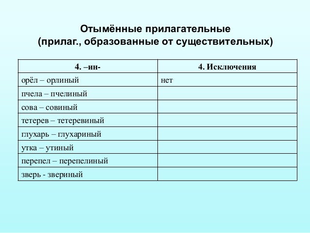 Отымѐнные прилагательные(прилаг., образованные от существительных)4. –ин- 4. Исключенияорѐл – орлиный нетпчела – пчелиныйс...