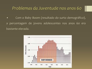 Problemas da Juventude nos anos 60
• Com o Baby Boom (resultado do surto demográfico),
a percentagem de jovens adolescentes nos anos 60 era
bastante elevada.
 