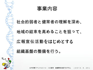 みやぎ夢ファンド２０１３　 　二次選考 組織開発支援プログラム　　 　（２０１３．５．２５）
事業内容
社会的弱者と健常者の理解を深め、
地域の結束を高めることを狙って、
をはじめとする広報宣伝活動
組織基盤の整備を行う。
 