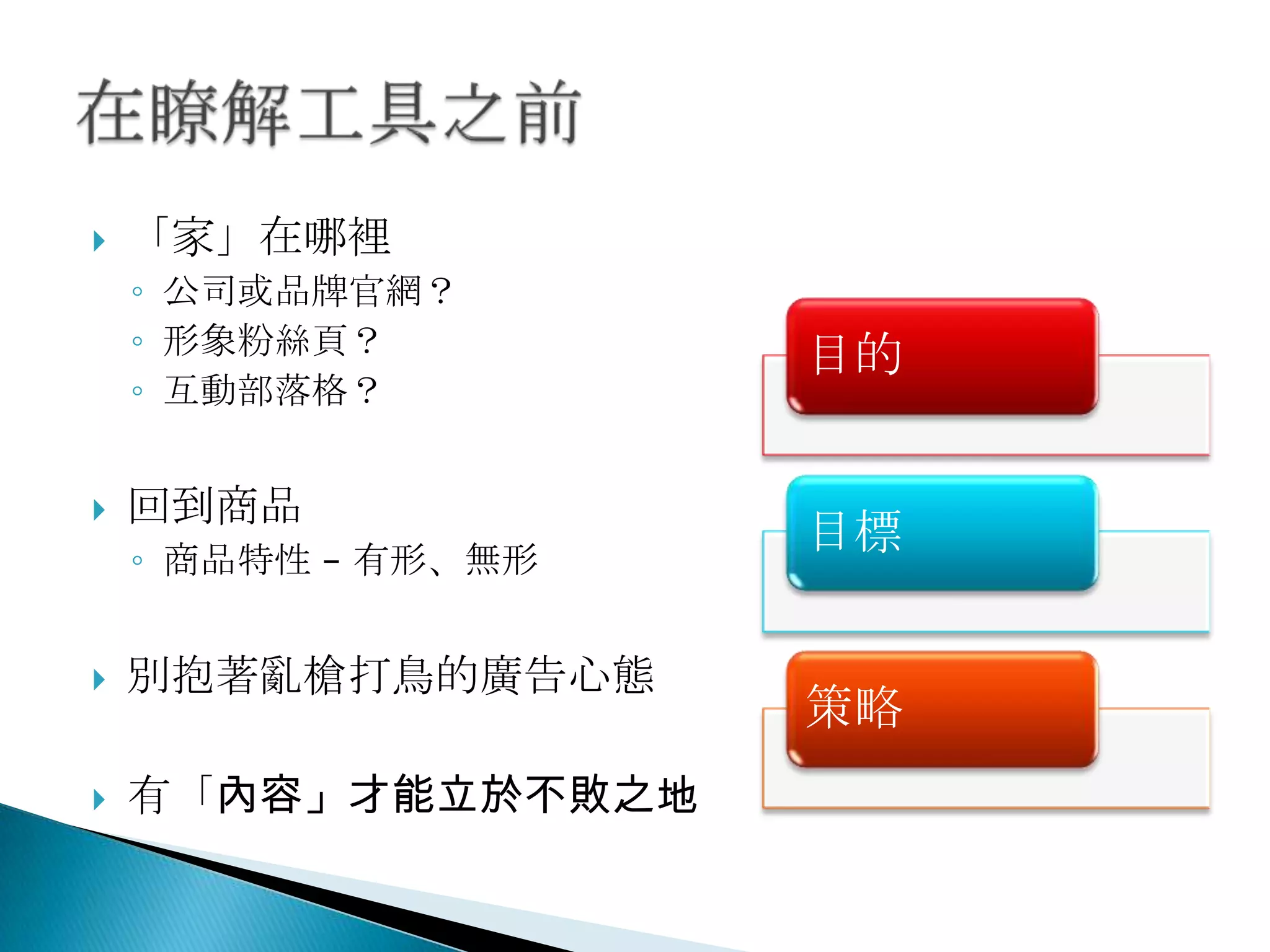  「家」在哪裡
◦ 公司或品牌官網？
◦ 形象粉絲頁？
◦ 互動部落格？
 回到商品
◦ 商品特性 – 有形、無形
 別抱著亂槍打鳥的廣告心態
 有「內容」才能立於不敗之地
目的
目標
策略
 