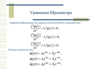 Уравнения Шредингера
Уравнения Шредингера для каждой из областей имеют следующий вид:
Решение каждого из них:
 