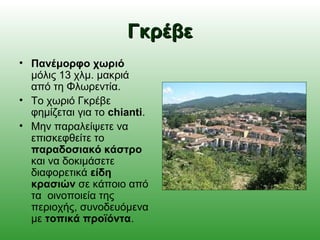 ΓκρέβεΓκρέβε
• Πανέμορφο χωριό
μόλις 13 χλμ. μακριά
από τη Φλωρεντία.
• Το χωριό Γκρέβε
φημίζεται για το chianti.
• Μην παραλείψετε να
επισκεφθείτε το
παραδοσιακό κάστρο
και να δοκιμάσετε
διαφορετικά είδη
κρασιών σε κάποιο από
τα οινοποιεία της
περιοχής, συνοδευόμενα
με τοπικά προϊόντα.
 