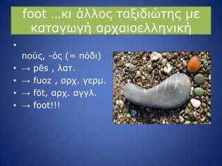foot …θη άιινο ηαμηδηώηεο κε
θαηαγσγή αξραηνειιεληθή
•
πνύο, -όο (= πόδη)
• → pēs , ιαη.
• → fuoz , αξρ. γεξκ.
• → föt, αξρ. αγγι.
• → foot!!!
 