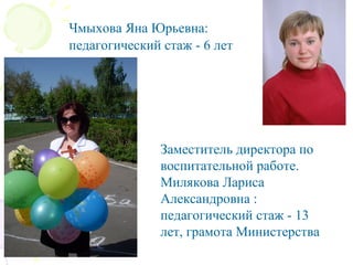 Чмыхова Яна Юрьевна:
педагогический стаж - 6 лет
Заместитель директора по
воспитательной работе.
Милякова Лариса
Александровна :
педагогический стаж - 13
лет, грамота Министерства
 