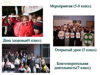 День здоровья(6 класс)День здоровья(6 класс)
Открытый урок (5 класс)Открытый урок (5 класс)
БлаготворительнаяБлаготворительная
деятельность(7 класс)деятельность(7 класс)
Мероприятия (5-8 класс)Мероприятия (5-8 класс)
 
