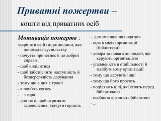 Приватні пожертви –
кошти від приватних осіб
Мотивація пожертв :
закріпити свій імідж людини, яка
допомагає суспільству
- почуття причетності до доброї
справи
- щоб виділитися
- щоб забезпечити наступність й
безперервність дарування
- тому що в них є гроші
- в пам'ять когось
- з горя
- для того, щоб отримати
задоволення, відчути гордість
- для зменшення податків
- віра в місію організації
(бібліотеки)
- довіра та повага до людей, які
керують організацією
- упевненість в стабільності й
майбутньому організації
- тому що дарують інші
- тому що його просять
- поділяють цілі, які стоять перед
бібліотекою
- особиста вдячність бібліотеці
- ...
 