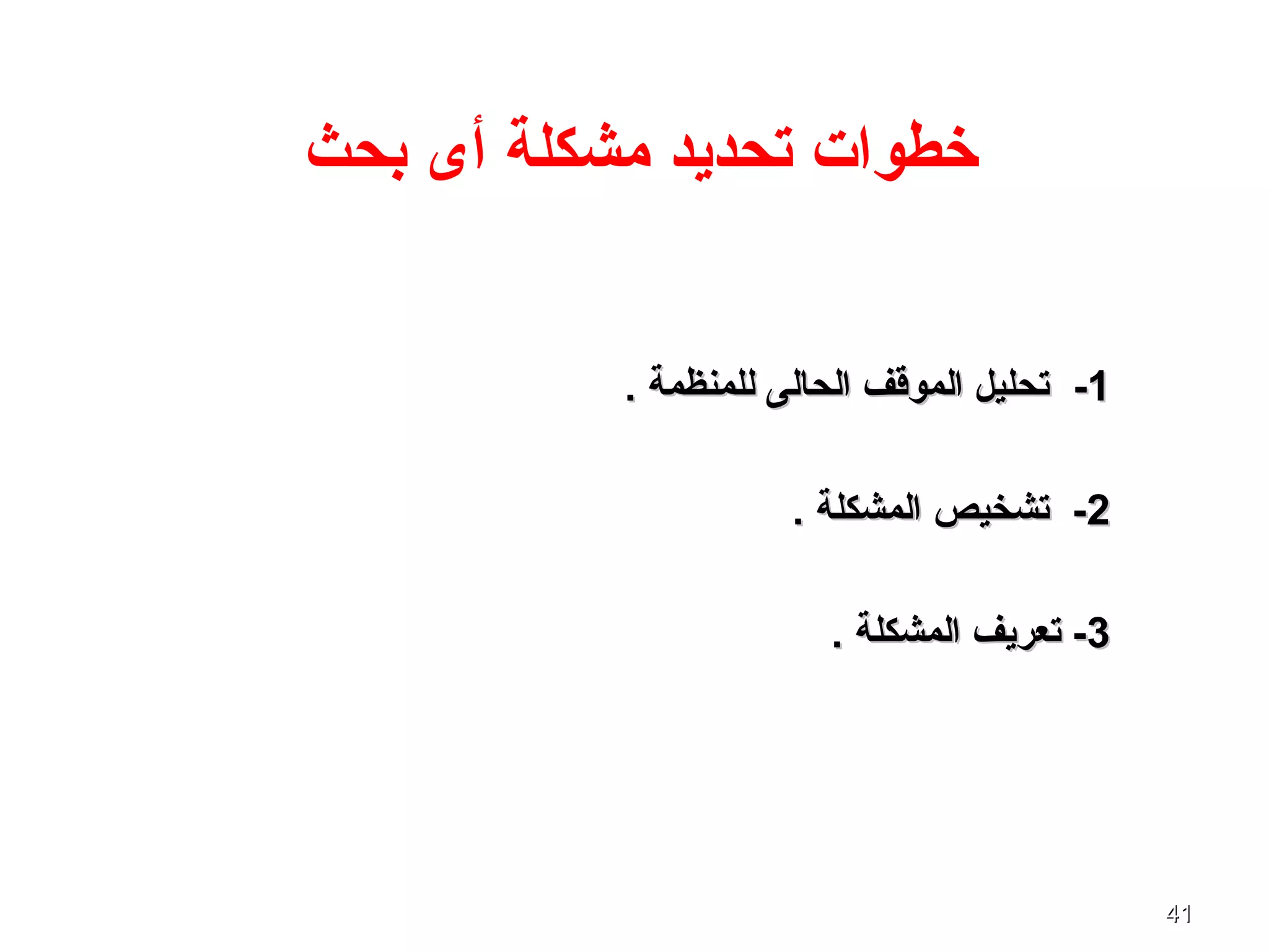 4141
‫بحث‬ ‫أى‬ ‫مشكلة‬ ‫تحديد‬ ‫خطوات‬
11--. ‫للمنظمة‬ ‫الحالى‬ ‫الموقف‬ ‫تحليل‬. ‫للمنظمة‬ ‫الحالى‬ ‫الموقف‬ ‫تحليل‬
22. ‫المشكلة‬ ‫تشخيص‬ -. ‫المشكلة‬ ‫تشخيص‬ -
33. ‫المشكلة‬ ‫تعريف‬ -. ‫المشكلة‬ ‫تعريف‬ -
 