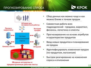 12
ИНТЕГРИРОВАННОЕ БИЗНЕС-ПЛАНИРОВАНИЕ
ПРОГНОЗИРОВАНИЕ СПРОСА
Система
прогнозирования
спроса
• Сбор данных как можно чаще и как
можно ближе к точкам продаж
• Совместная работа всех
подразделений - продажи, маркетинг,
финансы, логистика и клиенты
• Прогнозирование на основе атрибутов
и характеристик продуктов
• Ввод новых продуктов и планирование
их продаж
• Идентифицировать изменения продаж
(по продуктам, магазинам)
• Быстрое реагирование на изменения
спроса и отклонения
 