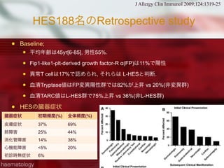 HES188名のRetrospective study
 Baseline;
 平均年齢は45yr[6-85], 男性55%.
 Fip1-like1-plt-derived growth factor-R α(FP)は11%で陽性
 異常T cellは17%で認められ, それらは L-HESと判断.
 血清Tryptase値はFP変異陽性群では82%が上昇 vs 20%(非変異群)
 血清TARC値はL-HES群で75%上昇 vs 36%(非L-HES群)
 HESの臓器症状
臓器症状 初期頻度(%) 全体頻度(%)
皮膚症状 37% 69%
肺障害 25% 44%
消化管障害 14% 38%
心機能障害 <5% 20%
初診時無症状 6%
J Allergy Clin Immunol 2009;124:1319-25
 