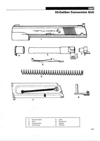 22-Caliber Conversion Unit
C?Nv e m 8 ION C 0 L T A U T O Y A T ' C .U N I T C A L . I La.
1
1 Slide (with Sights)
2 Barrel
3 Floating Chamber
4 Barrel Bushing
5 Ejector
6 Recoil Spring
7 Magazine
8 Slide Stop
 