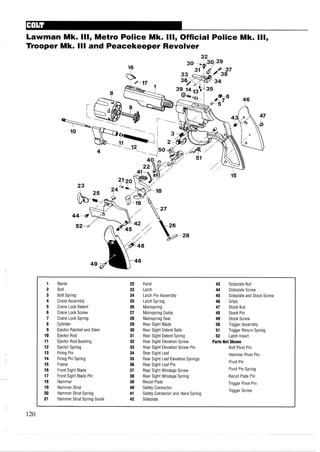 Lawman Mk. Ill,Metro Police Mk. Ill,Official Police Mk. Ill,
Trooper Mk. Ill and Peacekeeper Revolver
1 Barrel 22 Hand 43 Sideplate Nut
2 Bolt 23 Latch 44 Sideplate Screw
3 Bolt Spring 24 Latch Pin Assembly 45 Sideplate and stock Screw
4 Crane Assembly 25 Latch Spring 46 Grips
5 Crane Lock Detent 26 Mainspring 47 Stock Nut
6 Crane Lock Screw 27 Mainspring Guide 48 Stock Pin
7 Crane Lock Spring 28 Mainspring Seat 49 Stock Screw
8 Cylinder 29 Rear Sight Blade 50 Trigger Assembly
9 Ejector Ratchet and Stem 30 Rear Sight Detent Balls 51 Trigger Return Spring
10 Ejector Rod 31 Rear Sight Detent Spring 52 Latch Insert
11 Ejector Rod Bushing 32 Rear Sight Elevation Screw Parts Not Shown
12 Ejector Spring 33 Rear Sight Elevation Screw Pin Bolt Pivot Pin
13 Firing Pin 34 Rear Sight Leaf Hammer Pivot Pin
14 Firing Pin Spring 35 Rear Sight Leaf Elevation Springs
15 Frame 36 Rear Sight Leaf Pin
Pivot Pin
16 Front Sight Blade 37 Rear Sight Windage Screw Pivot Pin Spring
17 Front Sight Blade Pin 38 Rear Sight Windage Spring Recoil Plate Pin
18 Hammer 39 Recoil Plate Trigger Pivot Pin
19 Hammer Strut 40 Safety Connector
20 Hammer Strut Spring
Trigger Screw
41 Safety Connector and Hand Spring
21 Hammer Strut Spring Guide 42 Sideplate
 