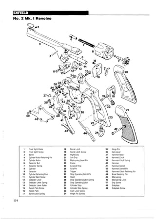 No. 2 Nlk. I Revolve
1 Front Sight Blade 18 Barrel Latch 35 Hinge Pin
2 Front Sight Screw 19 Barrel Latch Screw 36 Cam Lever
3 Barrel 20 Right Grip 37 Hammer Nose
4 Cylinder Arbor Retaining Pin 21 Left Grip 38 Hammer Catch
5 Cylinder Arbor 22 Mainspring Lever Pin 39 Hammer Catch Spring
6 Extractor Nut 23 Frame 40 Hammer
7 Extractor Spring 24 Lanyard Ring 41 Hammer Swivel
8 Cylinder 25 GripPin 42 Hammer Swivel Pin
9 Extractor 26 Trigger 43 Hammer Catch Retaining Pin
10 Cylinder Retaining Cam 27 Stop Operating Catch Pin 44 Nose Retaining Pin
11 Cylinder Cam Screw 28 Hand 45 Mainspring
12 Extractor Lever 29 Stop Operating Catch Spring 46 Mainspring Lever
13 Extractor Lever Spring 30 Stop Operating Catch 47 Grip Screw
14 Extractor Lever Roller 31 Cylinder Stop 48 Sideplate
15 Recoil Plate Screw 32 Cylinder Stop Spring 49 Sideplate Screw
16 Recoil Plate 33 Cam Lever Screw
17 Barrel Latch Spring 34 Hinge Pin Screws
154
 