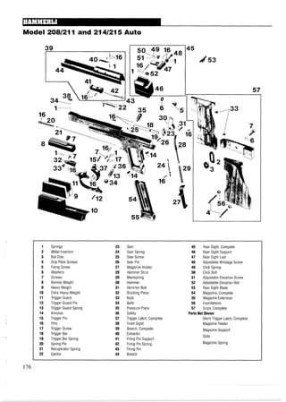 Model 2081211 and 214/215 Auto
1 Springs 23 Sear 45 Rear Sight, Complete
2 Metal Insertion 24 Sear Spring 46 Rear Sight Support
3 Nut Disc 25 Sear Screw 47 Rear Sight Leaf
4 Grip Plate Screws 26 Sear Pin 48 Adjustable Windage Screw
5 Fixing Screw 27 Magazine Holder 49 Click Spring
6 Washers 28 Hammer Strut 50 Click Bolt
7 Screws 29 Mainspring 51 Adjustable Elevation Screw
8 Normal Weight 30 Hammer 52 Adjustable Elevation Nut
9 Heavy Weight 31 Hammer Bolt 53 Rear Sight Blade
10 Extra Heavy Weight 32 Blocking Piece 54 Magazine, Complete
11 Trigger Guard 33 Nuts 55 Magazine Extension
12 Trigger Guard Pin 34 Balls 56 Foundations
13 Trigger Guard Spring 35 Pressure Piece 57 Grips, Complete
14 Annulus 36 Safety Parts Not Shown
15 Trigger Pin 37 Trigger Latch, Complete Short Trigger Latch, Complete
16 Pins 38 Front Sight Magazine Feeder
17 Trigger Screw 39 Breech, Complete Magazine Support
18 Trigger Bar 40 Extractor
19 Trigger Bar Spring 41 Firing Pin Support
Slide
20 Spring Pin 42 Firing Pin Spring Magazine Spring
21 Recuperator Spring 43 Firing Pin
22 Ejector 44 Breech
 