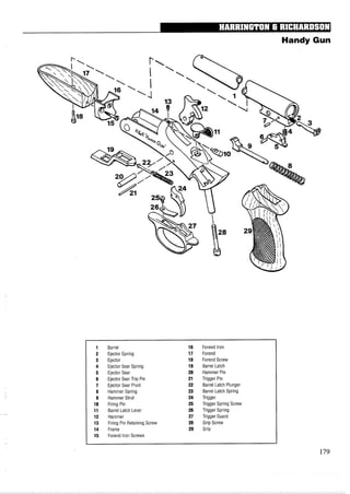 Handy Gun
Barrel
Ejector Spring
Ejector
Ejector Sear Spring
Ejector Sear
Ejector Sear Trip Pin
Ejector Sear Pivot
Hammer Spring
Hammer Strut
Firing Pin
Barrel Latch Lever
Hammer
Firing Pin Retaining Screw
Frame
Forend lron Screws
Forend lron
Forend
Forend Screw
Barrel Latch
Hammer Pin
Trigger Pin
Barrel Latch Plunger
Barrel Latch Spring
Trigger
Trigger Spring Screw
Trigger Spring
Trigger Guard
Grip Screw
Grip
 