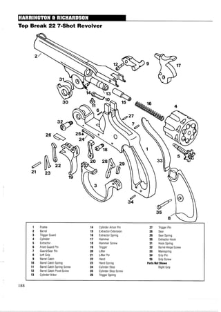 Top Break 22 7-Shot Revolver
1 Frame 14 Cylinder Arbor Pin 27 Trigger Pin
2 Barrel 15 Extractor Extension 28 Sear
3 Trigger Guard 16 Extractor Spring 29 Sear Spring
4 Cylinder 17 Hammer 30 Extractor Hook
5 Extractor 18 Hammer Screw 31 Hook Spring
6 Front Guard Pin 19 Trigger 32 Barrel Hinge Screw
7 GuardISear Pin 20 Lifter 33 Mainspring
8 Left Grip 21 Lifter Pin 34 Grip Pin
9 Barrel Catch 22 Hand 35 Grip Screw
10 Barrel Catch Spring 23 Hand Spring PartsNot Shown
11 Barrel Catch Spring Screw 24 Cylinder Stop Right Grip
12 Barrel Catch Pivot Screw 25 Cylinder Stop Screw
13 Cylinder Arbor 26 Trigger Spring
 
