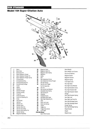 Model 104 Super Citation Auto
1 Barrel 29 Magazine Catch Barrel Weight
2 Barrel Stud 30 Magazine Catch Pin Barrel Weight Lock Screws
3 Barrel Stud Pin 31 Magazine Catch Spring
32 Medallion
Grip Screw Washers
4 Barrel Takedown Plunger
5 Barrel Takedown Plunger Pin 33 Safety Magazine Button
6 Barrel Takedown Plunger Spring 34 Sear Magazine Follower
7 Driving Spring 35 Sear Adiustment Screw Magazine Spring
8 Driving Spring Plug 36 Sear Adjustment Screw Plunger
Front Sight Screw
9 Driving Spring Plug Pin 37 Sear Bar Spring
10 Driving Spring Plunger 38 Sear Bar and Trigger Rear Sight Base
11 Frame Pull Pin Assembly Rear Sight Cross Member
12 Ejector 39 Sear Pin Rear Sight Elevation Screw
13 Extractor 40 Sear Spring Leg Retainer Rear Sight Elevation Ball
14 Extractor Plunger 41 Adjustable Sear Spring
15 Extractor Spring 42 Sear Spring Pin
Rear Sight Elevation Detent
16 Firing Pin 43 Sideplate Plunger
17 Firing Pin Spring 44 Sideplate Screw Rear Sight Elevation Spring
18 Firing Pin Retaining Pin 45 Adjustable Rear Sight Rear Sight Leaf
19 Grips 46 Rear Sight Retaining Pin Rear Sight Leaf Pivot Pin
20 Grip Screws 47 Slide
21 Hammer
Rear Sight Windage Screw
48 Slide Lock Lever
22 Hammer Pin 49 Slide Lock Spring Rear Sight Windage Detent
23 Hammer Strut 50 Trigger Plunger Spring
24 Hammer Strut Pin 51 Trigger Pin Rear Sight Windage Spring
25 Hammer Strut Ring 52 Trigger Stop Screw Weight Bracket
26 Hammer Strut Anchor Pin 53 Front Sight Weight
27 Hammer Spring Parts Not Shown
28 Magazine Assembly
Weight Screw
Barrel Filler Screws
 